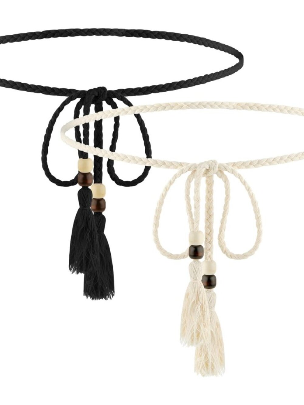 2 PCS Women's Skinny Tassel Waist Belt with Wooden Beads, Black + White Thin